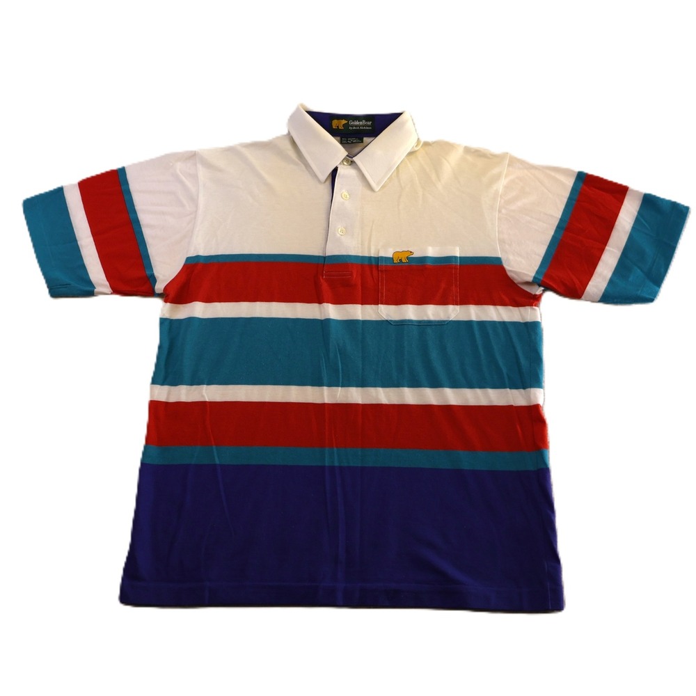 Golden Bear Mens Large Polo Shirt Multi-Color Striped Pocket Golf Retro Logo